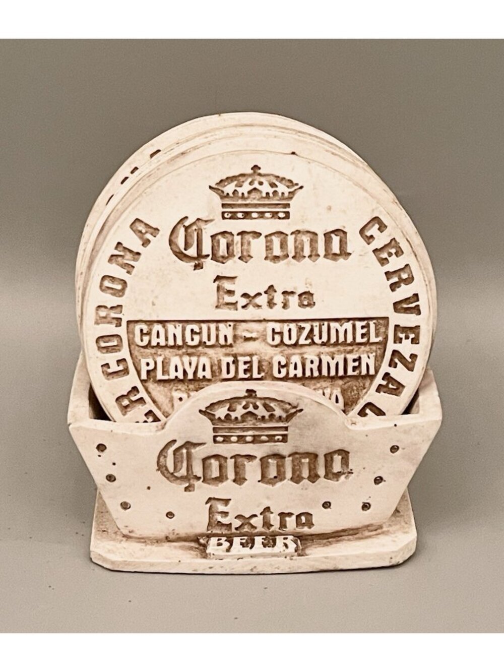 Corona Extra Beer Stoneware Coasters w/ Holder Rustic Barware Ceramic Mexico